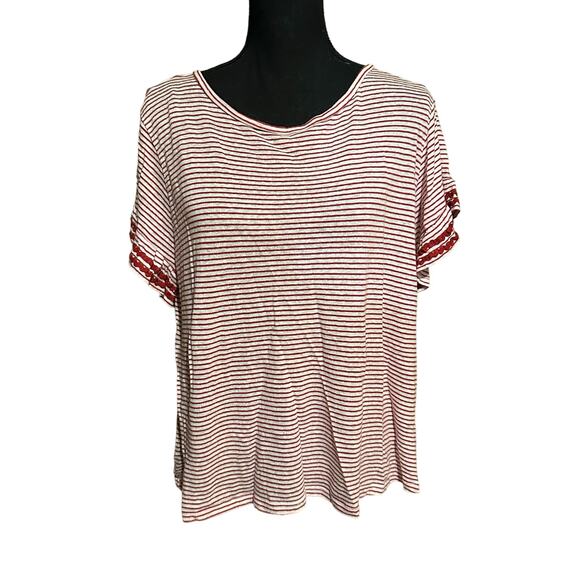 Solutions! Red White Striped Ruffle Sleeve T-Shirt Top Women's M Medium - Picture 1 of 8